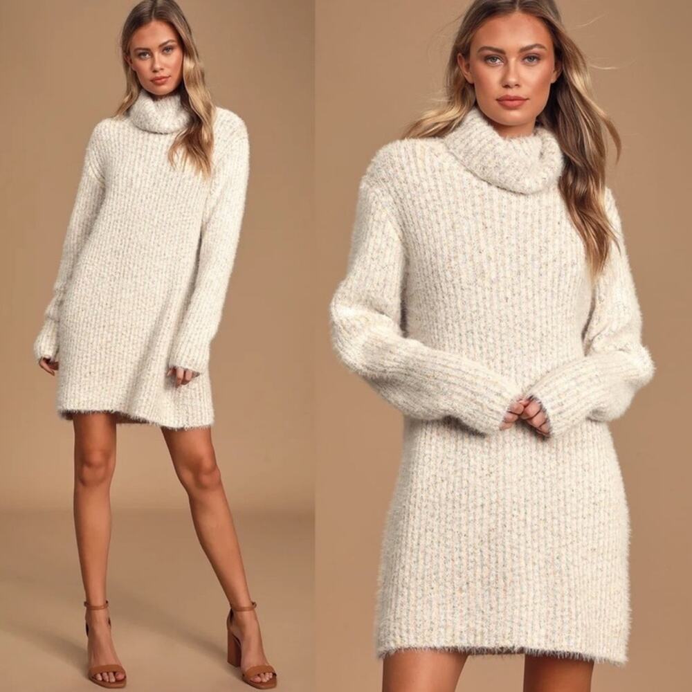 New Lulu's Oversized Turtleneck Sweater Dress Ivory Multi Knit Ribbed Knit XS